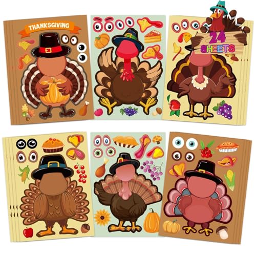 24枚 感謝祭 Make-a-Turkey ステッカー 子供用 DIY パーティー 景品 用品 ステッカー 子供用 七面鳥 ゲーム クラフト ステッカー 秋 秋 収穫 ハロウィン 感謝祭 デコレーションのサムネイル