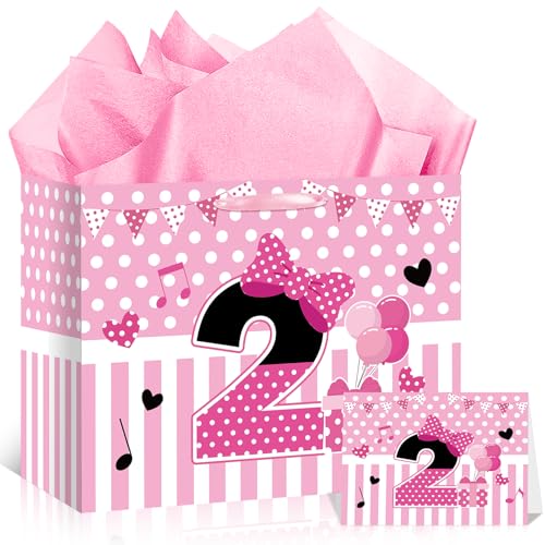 Cartoon Mouse 2nd Birthday Gift Bag Pink Mouse 2nd Birthday Bag with Tissue Paper and Card Pink Stripe Bow Two Years Old Gift Wrapping Paper Bags for Baby Girls Shower Princess 2 Year Old Party Decor