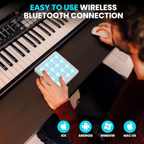 Image of M-VAVE Wireless MIDI Controller Pads, 4.1 * 4.1 Inch, 0.28 LBS, Bluetooth Portable USB with 16 Drum, Note Repeat, Full Level Buttons, Rechargeable battery (White Pocket)