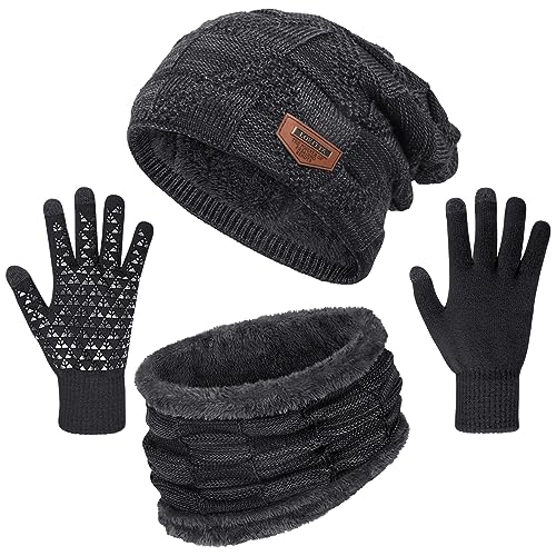 Image of Loritta Winter Hats for Men, 3 PCS Fleece Beanie Scarf Gloves Set