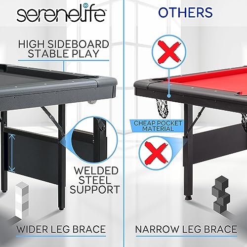 Image of SereneLife 6-Ft Folding Pool Table - Best in Stability - Steel Frame, Fully Supported Slate, Welded Leg Supports with Safety Anti Collapse Locks, 128LB Heavy Duty Billiard Game and Accessory Set