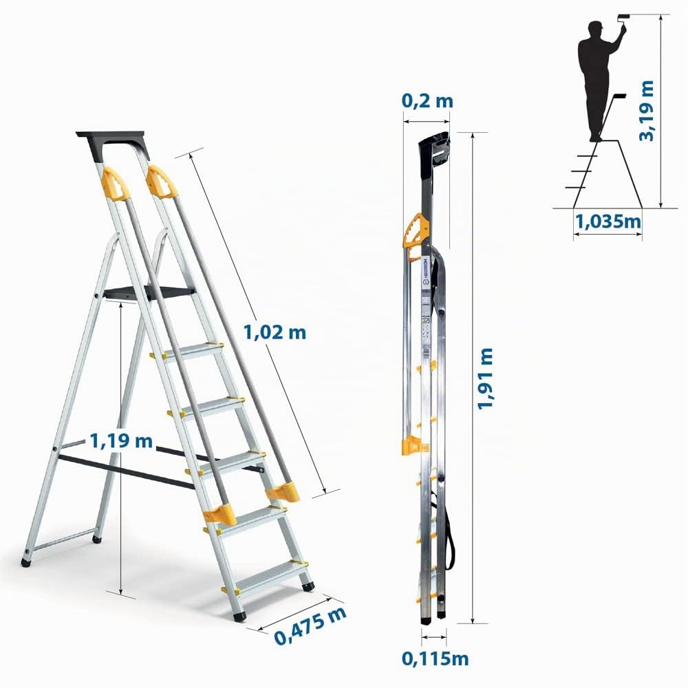 HOSTRÖM Escabeau 6 marches DURAMP sécurisé avec rampes, Tablette Porte-Outils, marchepied Pliable Aluminium, Hauteur Plateforme 119cm, Garantie 5 Ans