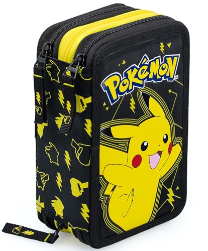 Clondo Plumier Triple para Fans de Pokémon – 45 Piezas: Bolígrafos Gel borrables, lápices, rotuladores, Tijeras, Pegamento y más – Estuche Escolar Completo Ideal para Primaria y Regalo
