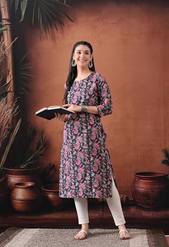 Image of Ichaa Women's Pure Cotton A-Line Katha-Work Ethnic Round-Neck Kurta with 3 /4th Sleeve for Daily and Office Wear, in Plus Sizes