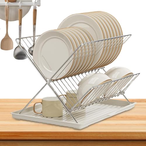 Escurreplatos – Escurridor de platos de 2 niveles, escurridor de platos ligero y compacto, escurridor de platos de acero al carbono para encimera de cocina, bandeja portátil desmontable para cubiertos