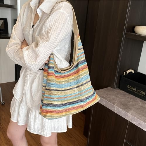 Bolso tote tejido de paja para mujer, estilo clutch con rayas, ideal para playa y viajes al aire libre miniatura 2