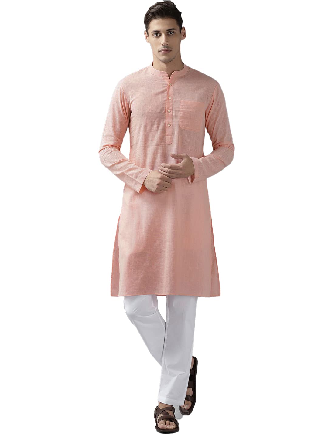 See Designs Pink & White Cotton Regular Fit Kurta Set Madern Collar Stright Hem Side Full Sleeve Straght Kurta With Pyjama_Sdkt101701Xl