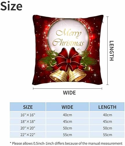 Miniatura 6 de WONDERTIFY Juego de 2 fundas de almohada cuadradas de campanas de Navidad con lazo y copos de nieve, para cojín decorativo, cama, sofá, rojo,