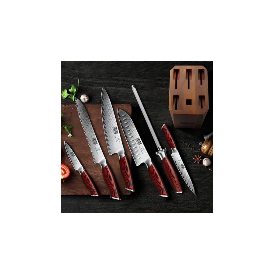 Kitchen-Knife-Set-with-Block-7-Pieces-Chef-Knife-Set-67-Layers-Damascus-Steel-Professional-Knife-Set-for-Cooking-Ergonomic-G10-Handles-with-Sharpener Kitchen Knife Set with Block, 7 Pieces Chef Knife Set 67 Layers Damascus Steel Professional Knife Set for Cooking, Ergonomic G10 Handles with Sharpener