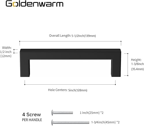 Miniatura 3 de goldenwarm Paquete de 10 tiradores de cajón negros de 5 pulgadas, barra cuadrada moderna color negro mate, tiradores de gabinete de acero inoxidable