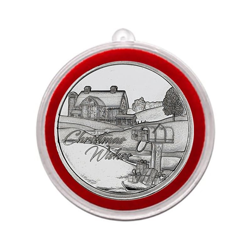 2025 Christmas Wishes Barn and Packages Scene 1oz Silver Round in Ornament Holder Collection Uncirculated