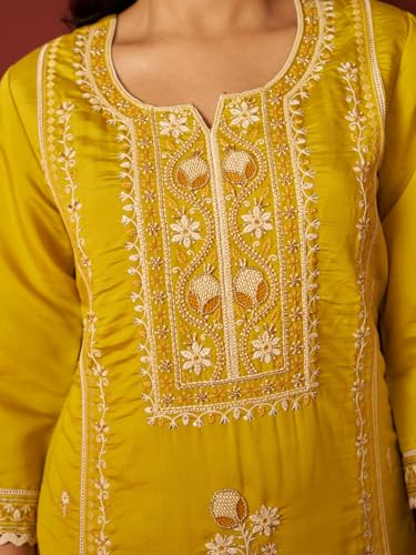 Image of INDO ERA Women's Straight Silk Blend Ethnic Motifs Printed Embroidered Kurta & Pant with Dupatta Set (IESTR11066)