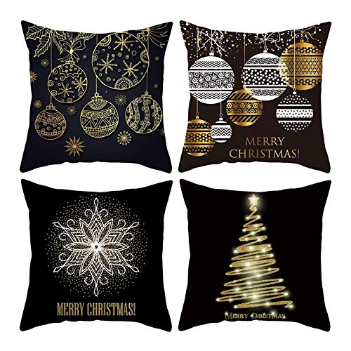 Homxi Kissenbezug Weihnachten 4er,Kissenbezüge Weihnachten 40 x 40cm,Weihnachtsbaum Weihnachtskugeln Schneeflocke Merry Christmas,Kissenhüllen Polyester Schwarz Gold