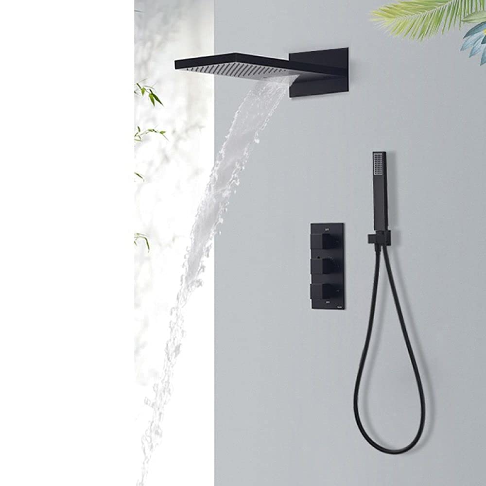 Système de douche thermostatique noir à 3 voies avec robinet de baignoire cascade