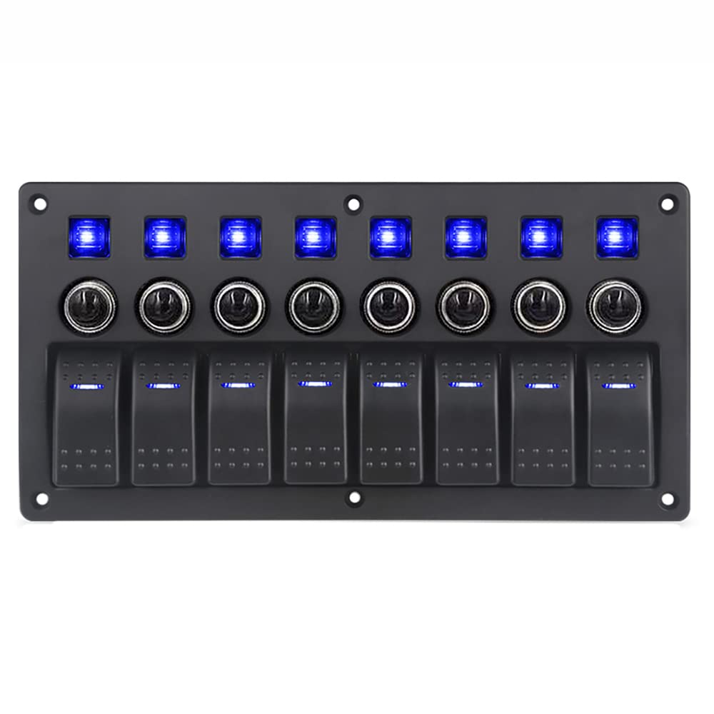 Riloer Pannello interruttori a levetta 8 vie, 12V 24V universale per barca, auto, marino, interruttori a levetta LED con indicatori, impermeabile, con luce verde/blu/rossa