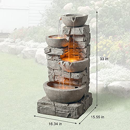 Teamson Home Water 4 Tiered Bowls Floor Stacked Stone Waterfall Fountain With Led Lights And Pump For Outdoor Patio Garden Backyard Decking Décor, 33 Inch Tall, Gray #TOP6