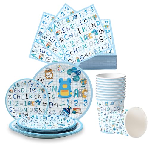 Juego de vajilla para fiesta escolar, juego de vajilla de papel para el primer día de escuela, juego de vajilla para fiesta escolar, con 20 servilletas, 20 platos de papel, 10 vasos de papel, mesa de
