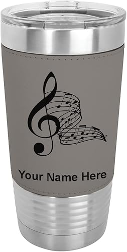 LaserGram Vaso aislado al vacío de 20 onzas notas musicales grabado personalizado incluido piel sintética gris