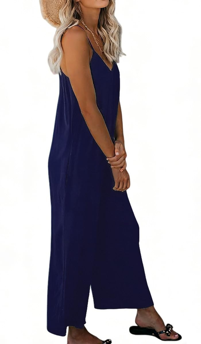 Combinaison Femme Été Sans Manches Casual Jumpsuit Chic et Élégant Bretelles Spaghetti longue femme Col V Combinaison à jambes larges poches Style bohème Sans manches