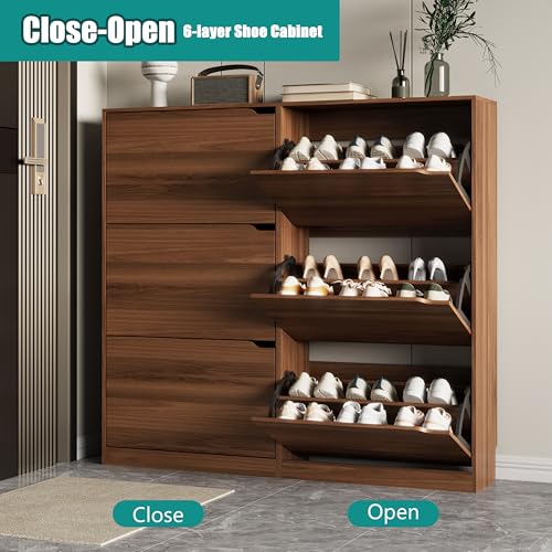 Image of Xixini Shoe Storage Cabinet for Entryway with 6 Flip Drawers, Sturdy Wood Hidden Shoe Storage, Freestanding Narrow Slim Shoe Organizer for Front Door Entrance, Living Room, Hallway, Bedroom, Walnut