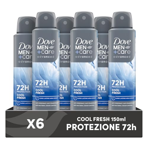Dove Deodorante Dove Men + Care Cool Fresh Spray Advanced Care, Deodorante Uomo, con 1/4 Crema Idratante, Formula Idratante e Delicata sulla Pelle, Protezione Fino a 72 Ore, 6 Pezzi da 150 ml