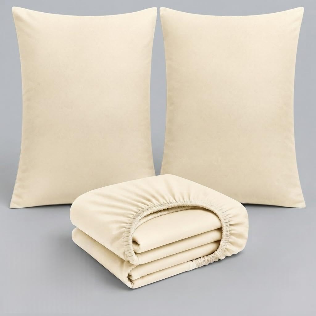 3 Piece Cotton Bedding Set UK – 200 Thread Count Deep Fitted Sheet 25cm with 2 Pillowcases, Soft Breathable Hotel Quality Bed Linen, Elasticated, Cream, Single