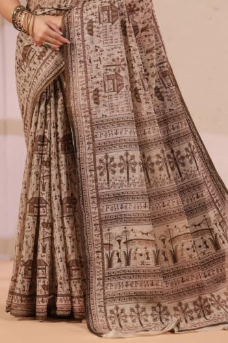 Image of TAMAIRA FASHION Off White Mulmul Pure Cotton Saree For Woman Warli Printed|Office Wear Daily Wear Sarees For Women Without Blouse Piece (Available in 21 Colours)