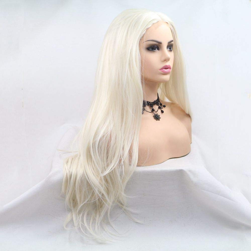 Xiweiya Platinum Blonde Wavy Wig Long White Hair Synthetic Blonde Lace Front Wigs Body Wave Hair White Queen U Part Wig Heat Resistant Fiber 180% Density Wigs for Women 24inch - Image 4