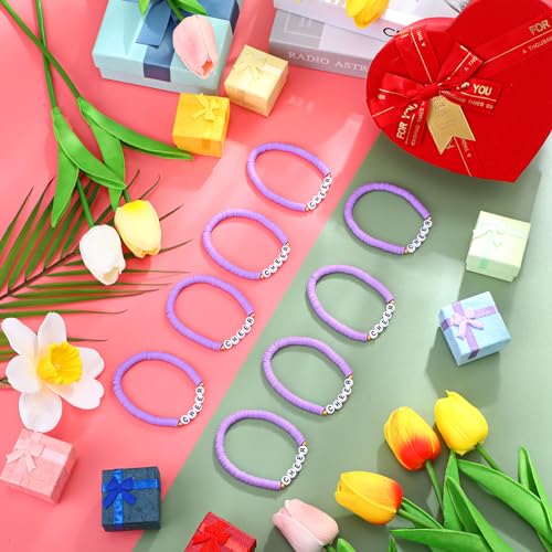 Image of Landical 24 Pcs Cheerleader Gifts Stackable Clay Bead Cheer Bracelets Friendship Bracelets Senior Night Cheer Gifts for Girls(Purple)