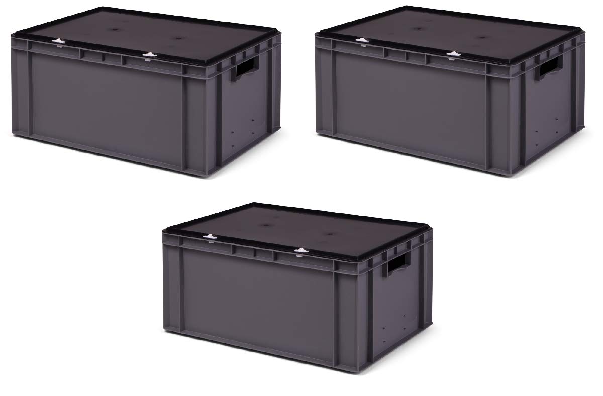 1a-TopStore Stapelboxen Set mit Scharnierdeckel in schwarz, verschiedene Größen & Farben, 600x400 mm, 400x300 mm, 300x200 mm, 200x150 mm, Made in Germany (grau, 600x400x281 mm)
