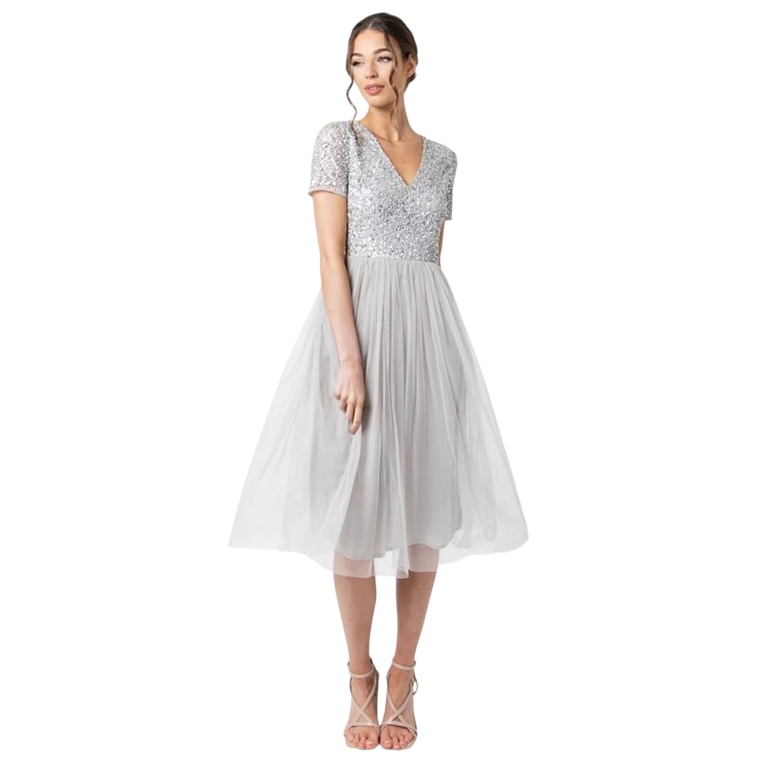 Maya Deluxe Damen Midi-Kleid mit V-Ausschnitt, Verziert Brautjungfernkleid, Soft Grey, 38 EU
