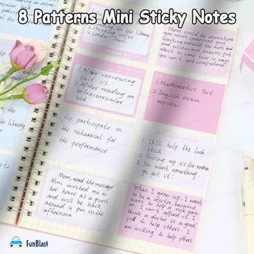 Image of FunBlast Sticky Notes Set - 256 Pcs Pull-Out With Dispenser, Self Adhesive Memo Stickers 8 Patterns Mini Pad for Office, School, Home (Pink)