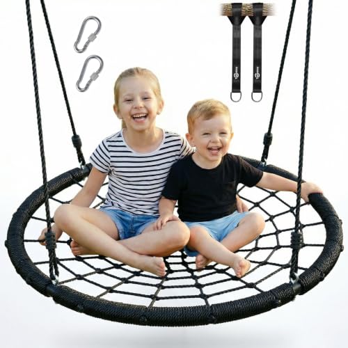 Image of Trekassy 40 inch Spider Web Saucer Tree Swing for Kids & Adults - Black | 750lbs Heavy Duty Steel Frame, 2 Hanging Straps, Durable Outdoor Net Swings for Outside, Easy Assembly for Backyard Fun