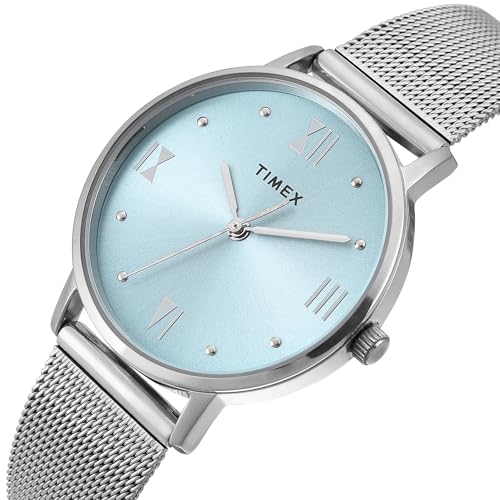 Image of TIMEX Analog Watch for Women with Blue Round Dial & Silver Stainless Steel Bracelet Band Water Resistant Women's Wrist Watches - TWEL15623