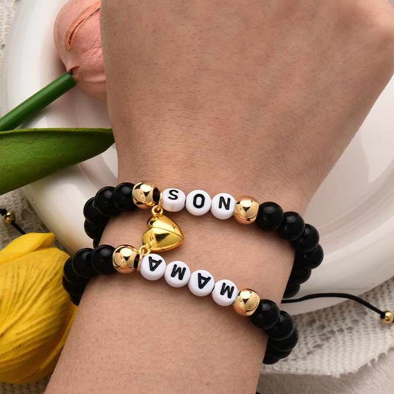 Black Mother and Son Bracelet Matching Heart Bracelets for Mama Son Birthday Gifts from Mom Mothers Day Gifts for Mom Mommy Mama Sons Bracelet Adjustable Bead Gift Set for 23