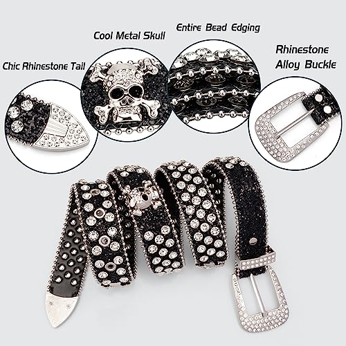 Rhinestone Belts for Women Men, Bling Studded Leather Skull Belt Western Style2