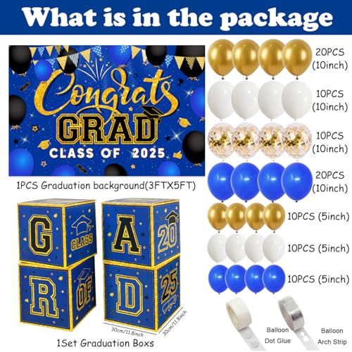 Image of Graduation Decorations Class of 2024 Blue and Gold Graduation Party Supplies Balloon Arch Kit Balloon Boxes Grad Banner for High School College Graduation Party Decor