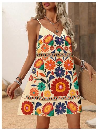 SOLY HUX Women's Summer Dress Floral Print V Neck Spaghetti Strap Cami Short Dresses Vacation Sundress3