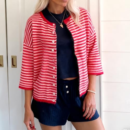 Image of Women Knitted Crop Cardigan Shirt Short Sleeve Button Down Ribbed Knit Crop Top Y2k Girls Outwear Top Tee Shirt