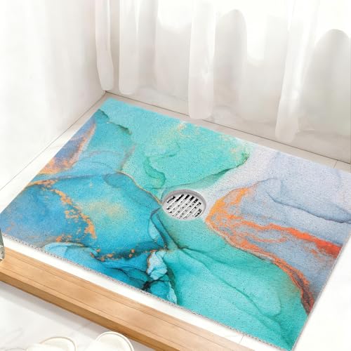 Image of Square Shower Mat Non Slip: 32 x 24 Inch Extra Large Shower Mats with Drain Hole in Middle - PVC Loofah Anti Slip Shower Floor Matt for Inside Shower