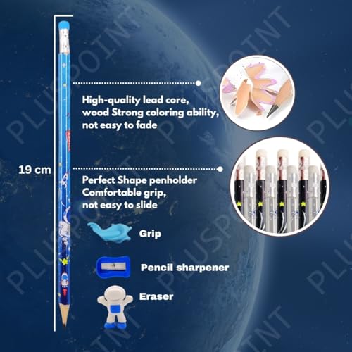 Image of PLUSPOINT 26 Pcs Space Theme 20 Pencils for Kids with 2 erasers 2 sharpeners 2 Grips Astronaut Space Design Perfect for Birthday Classroom and School Supply