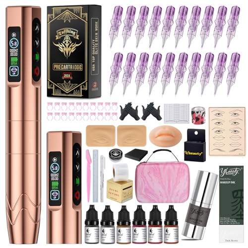 YBEAUTY Microblading Kit - Professional Complete Wireless Tattoo Gun Kit with 2Pcs Battery, 20Pcs