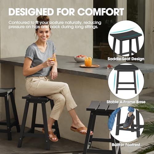 Image of Ciokea 2 Set 24 inch Outdoor Bar Stools Heavy Duty HDPE Counter Height Bar Stools Weatherproof Patio Seats Modern Waterproof BarStools for Bar Deck Balcony Kitchen Counter Yard, Black