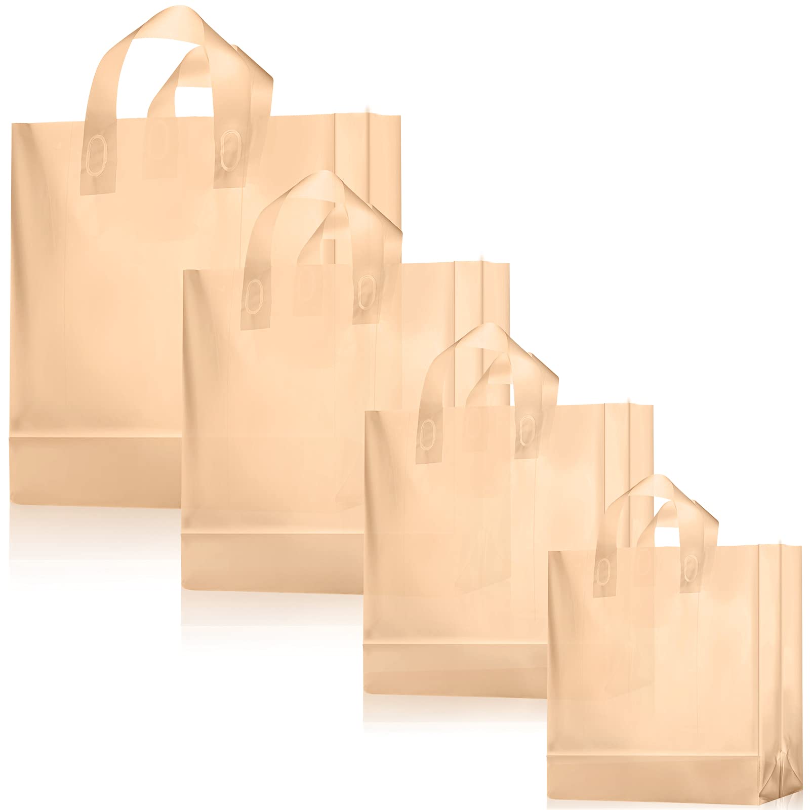 Weewooday 100 Pcs Frosted Plastic Gift Bags with Handles for Small Business Clear Shopping Bags with Cardboard Bottom,4 Sizes (Khaki)