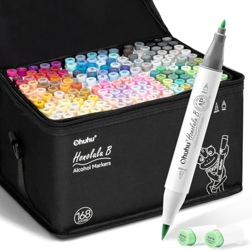 Ohuhu Alcohol Markers Brush Tip: 168-Color Double Tipped Art Marker Set for Artist Adults Coloring Illustrations -Honolulu B -Brush & Fine -Refillable