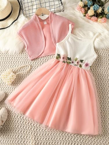 Image of Girls Peach Floral Embroidered Party Dress with Matching Shrug | Sleeveless Tulle A-Line Frock for Kids | 2-Piece Birthday & Festive Outfit(DW-100)