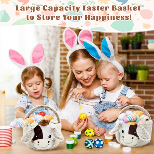 Image of Easter Basket, Cute Cow Plush Baskets, Easter Egg Hunt Buckets, Easter Decorations Indoor Outdoor, Cute Easter Gifts for Kids, Adults, Teens, Toddlers, Girls