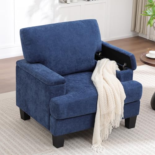 Image of Accent Chair with Storage Armrest, Modern Upholstered Reading Living Room Chairs, Comfy Large Armchair, Fabric Single Sofa Chair for Bedroom (Blue)