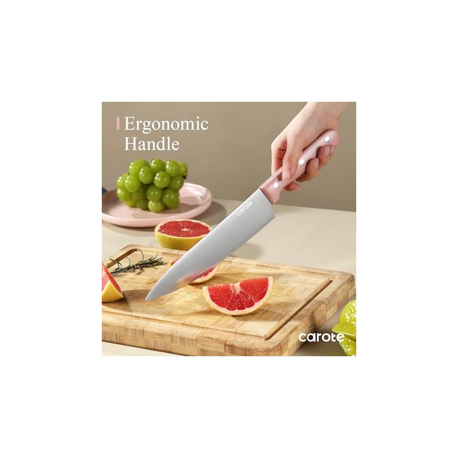 CAROTE 14 Pieces Knife Set with Block, Forged, High Carbon Stainless Steel Sharp Blade Block Knife Set, Dishwasher Safe Cutlery, Pink