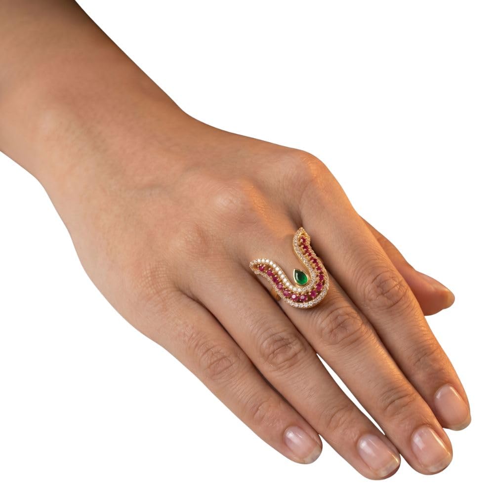 Gold Plated CZ Vanki Ring for Women | Multicolor Stone Finger Ring | Traditional South Indian Nagam Design Ring | Bridal Wedding Temple Jewellery | Statement Fashion Ring for Girls-picture-25